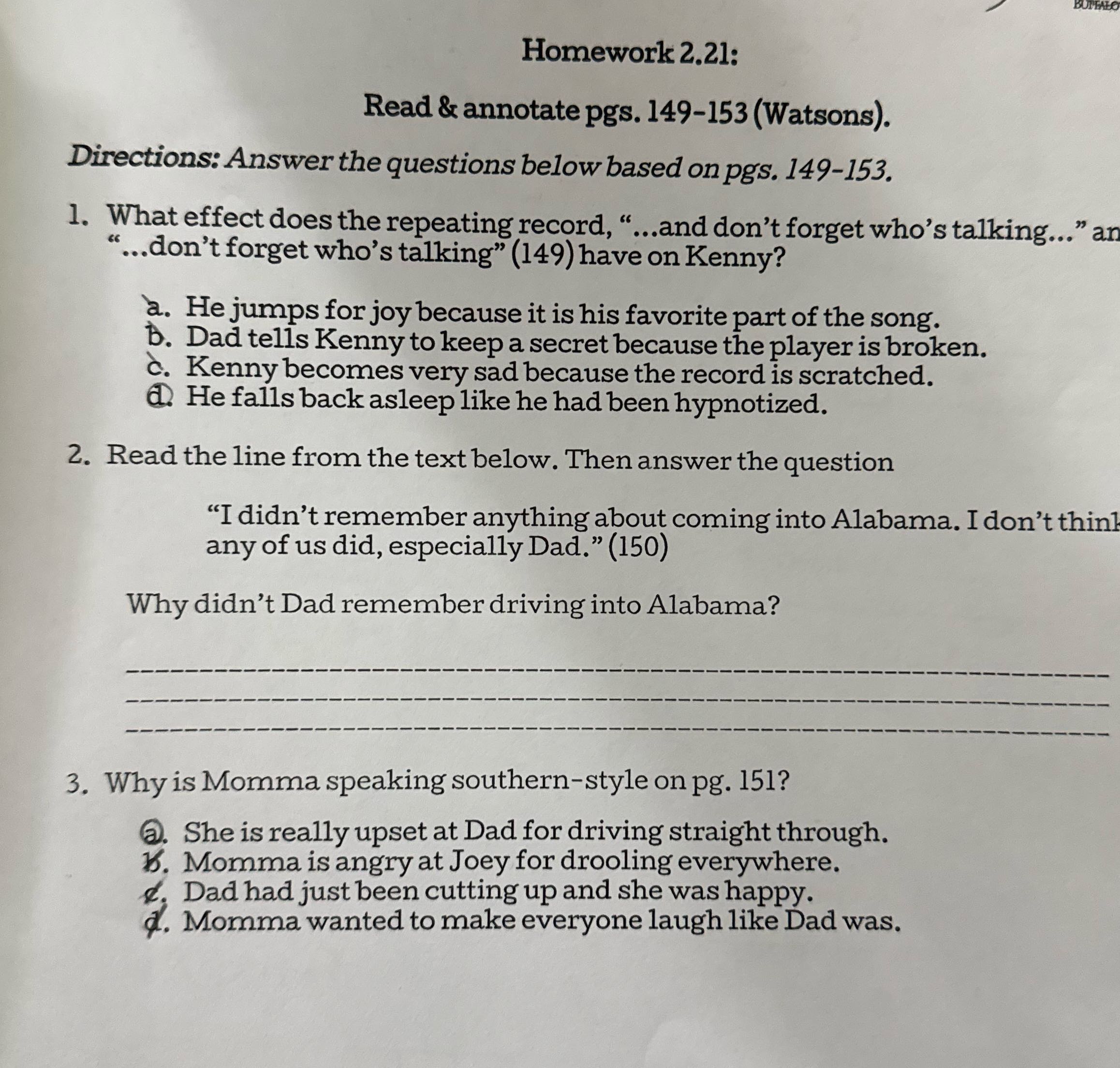 6th grade level Homework 2.21: Read & annotate