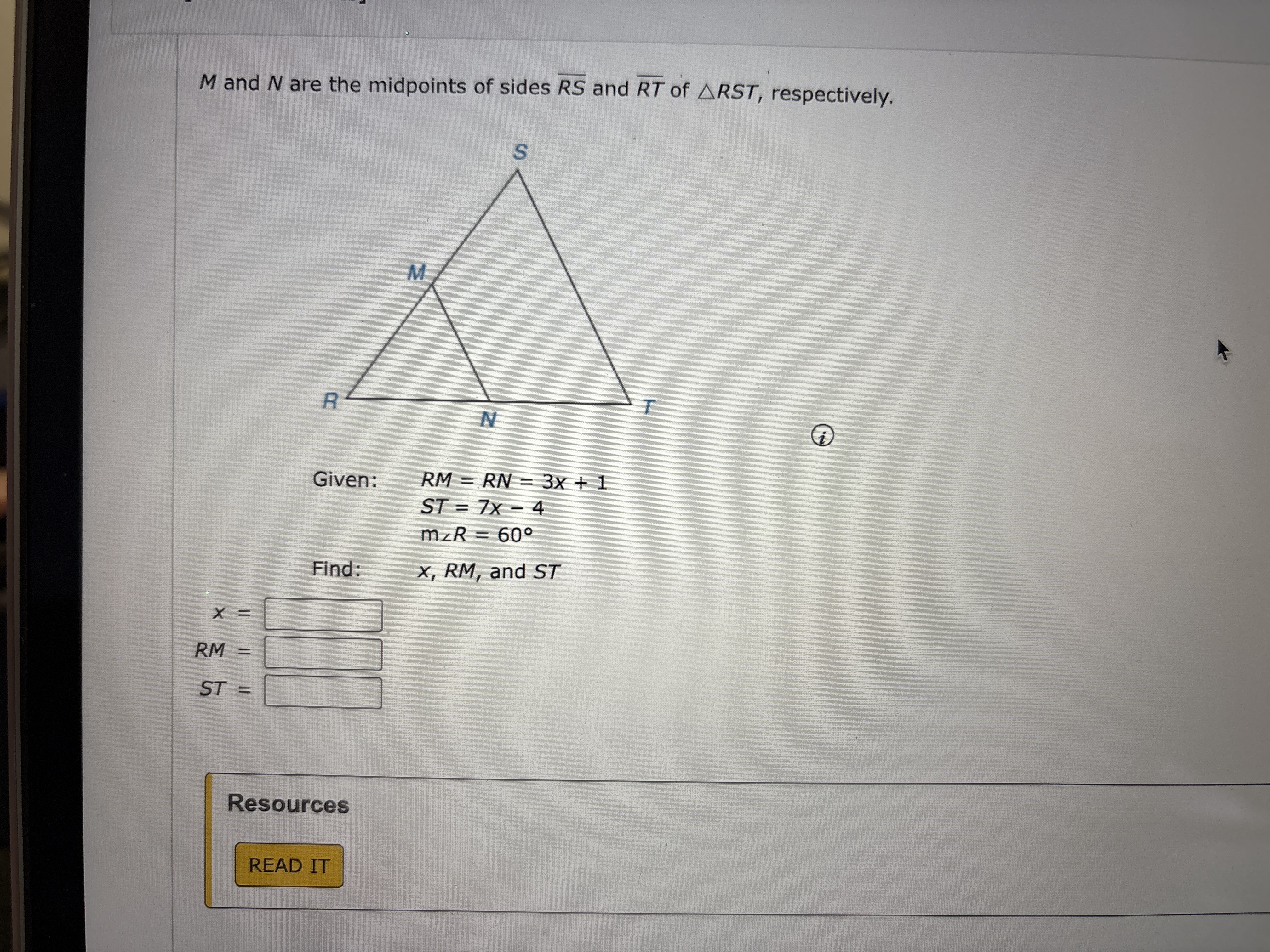 Solve M and N are the midpoints of sides RS and