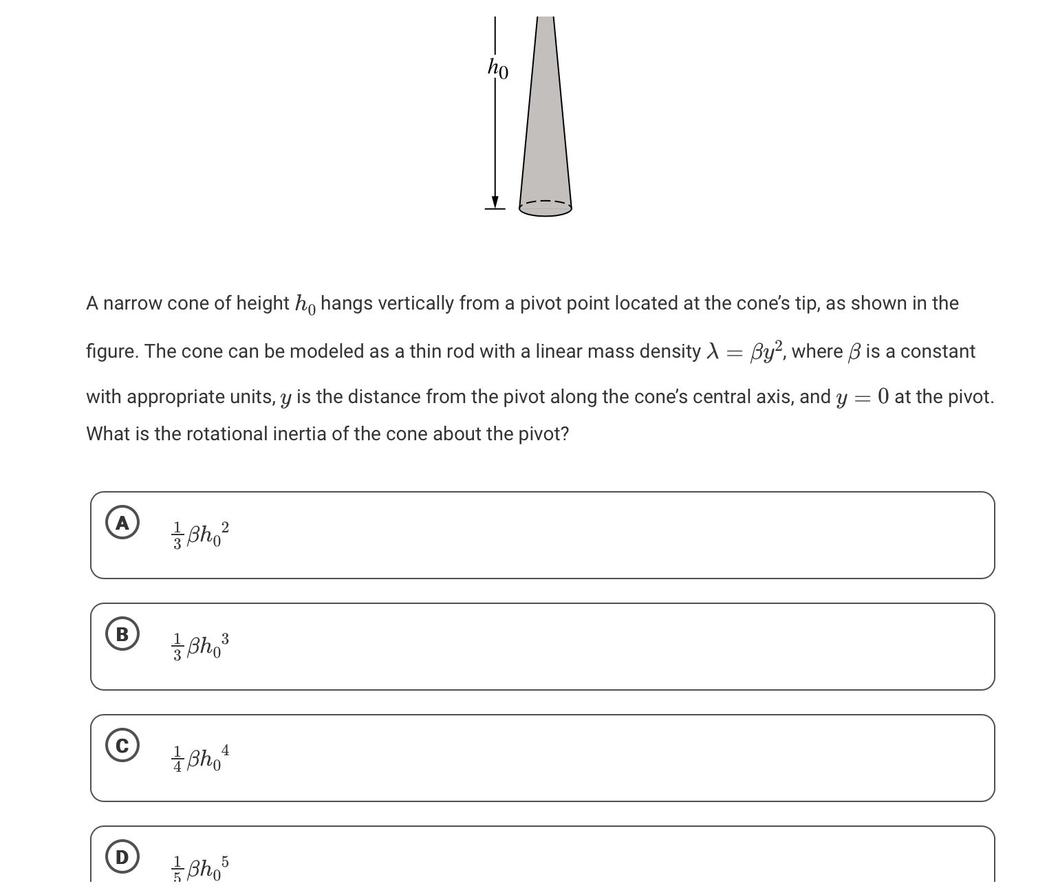 1 A narrow cone of height A, hangs vertically