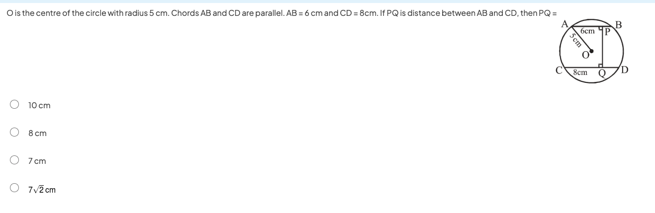 O is the centre of the circle with radius 5 cm.