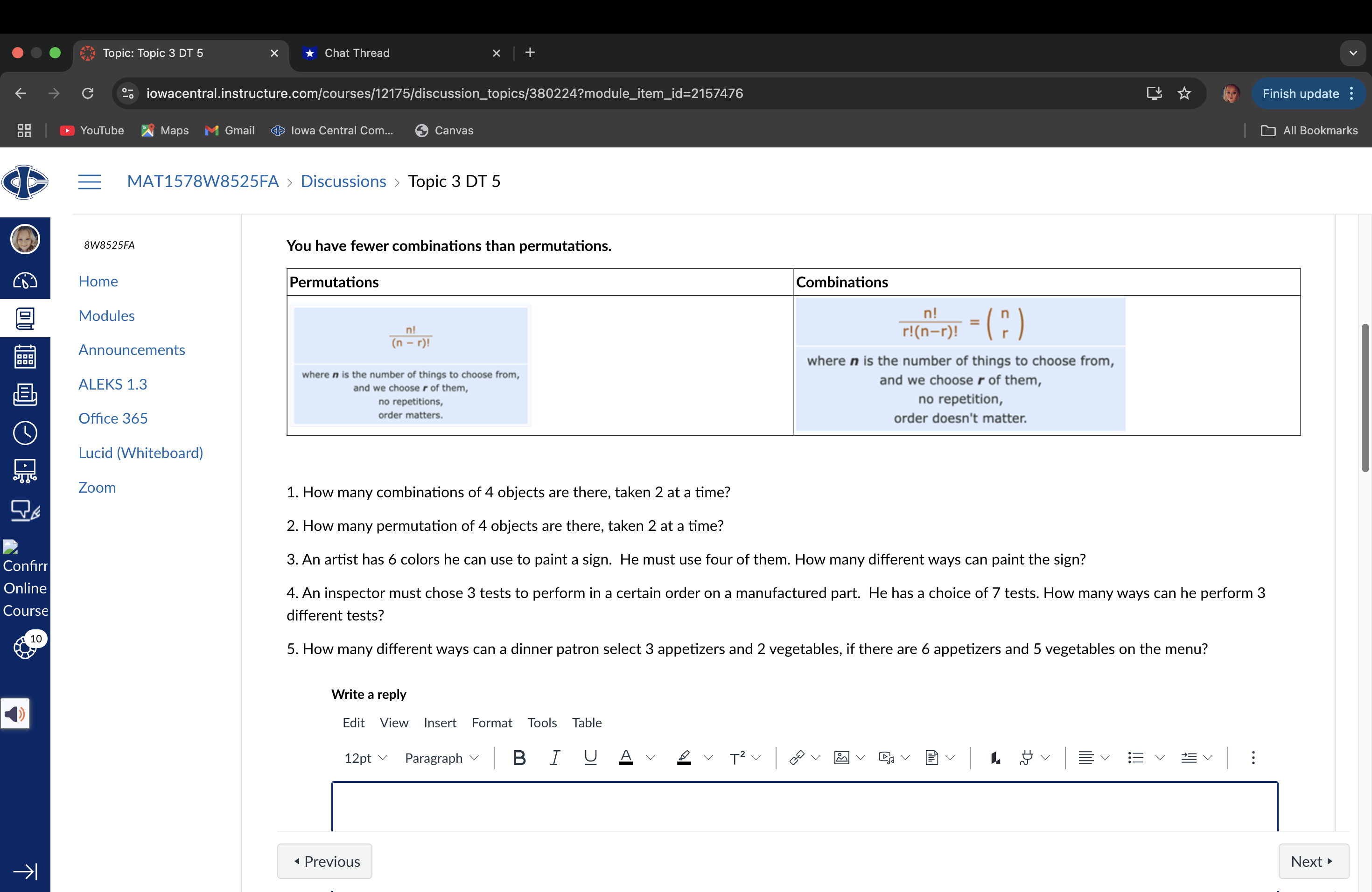 Examples comparing combinations (order doesn't