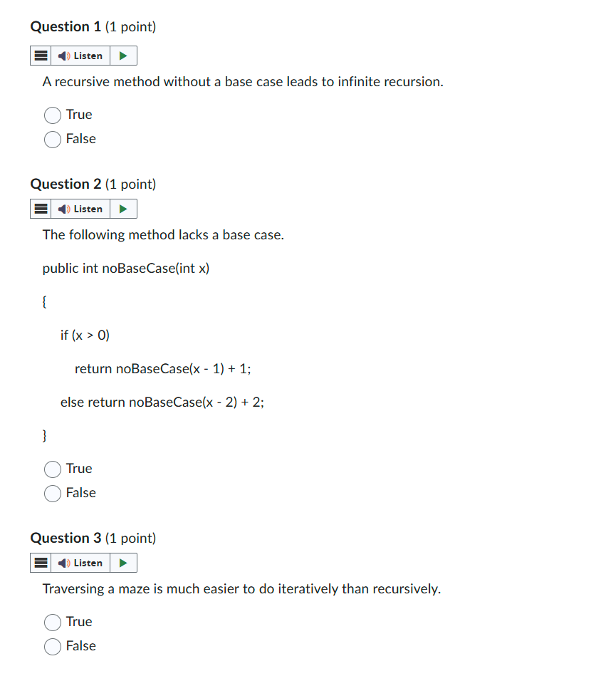 Solve Question 1 (1 point) ) Listen A recursive