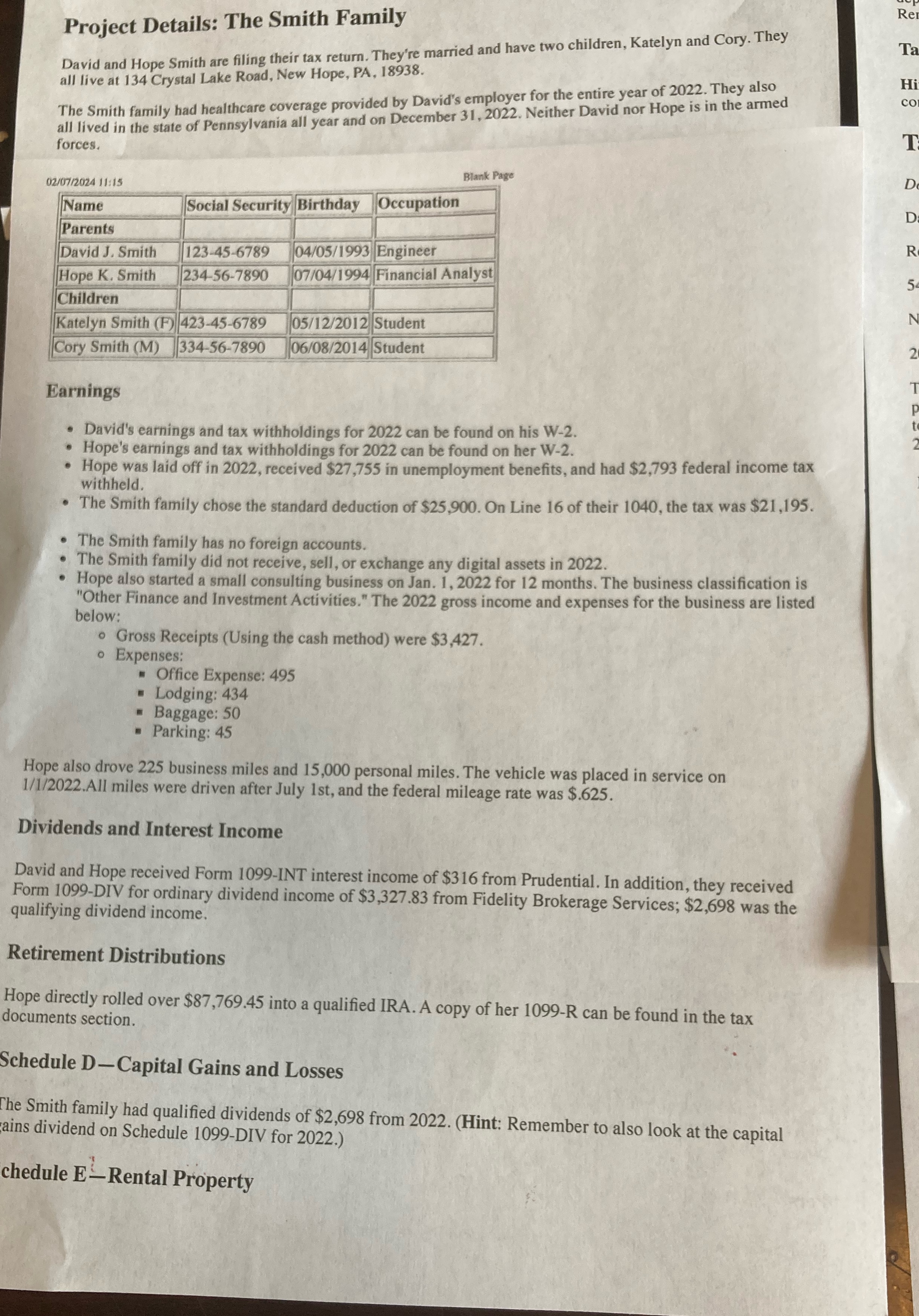 Re Project Details: The Smith Family David and