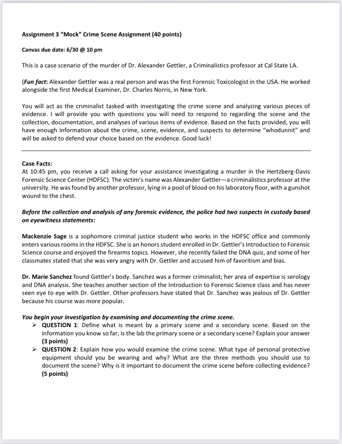 Assignment 3 \"Mock\" Crime Scene Assignment (40
