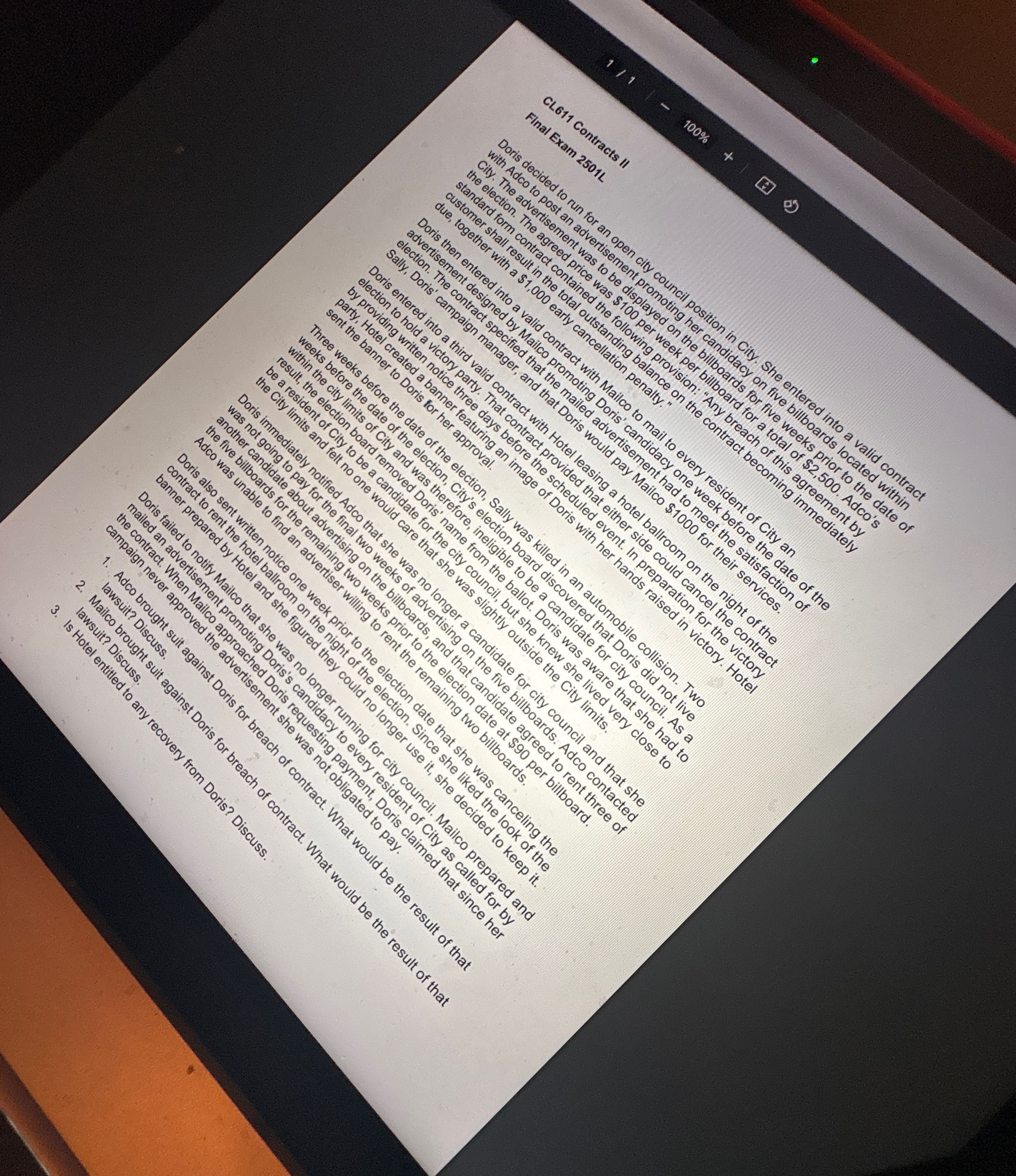 Write me a law school essay with this fact patern