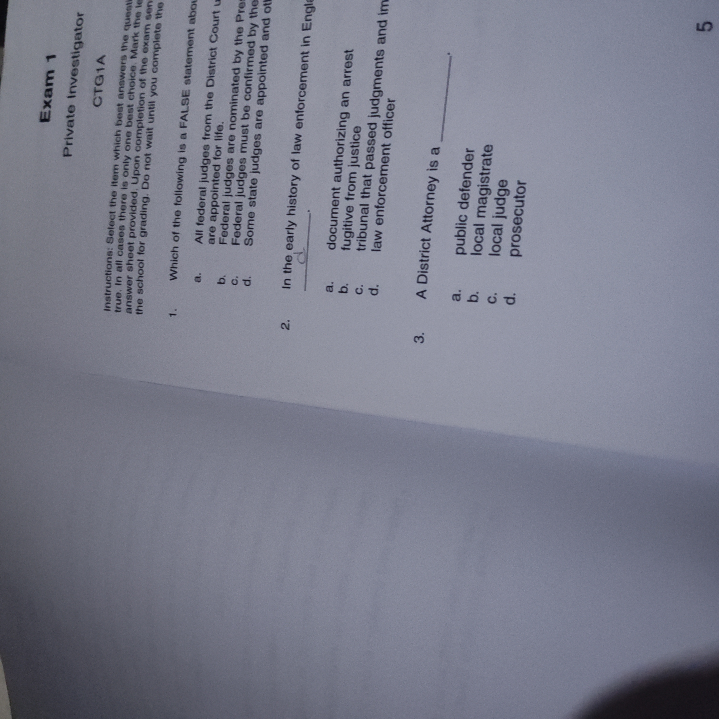 Exam 1 Private Investigator CTGIA Instructions: