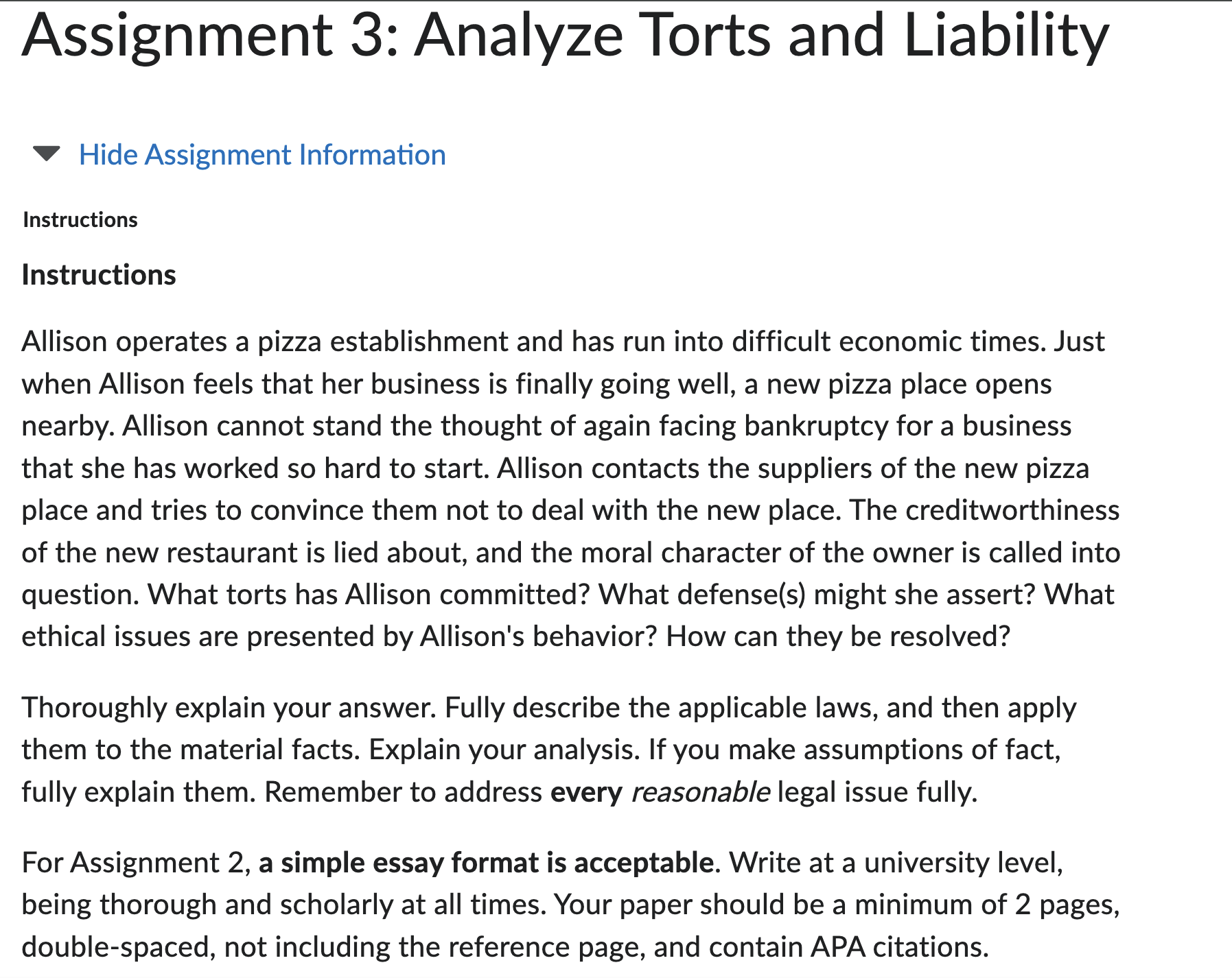 Assignment 3: Analyze Torts and Liability Ww Hide
