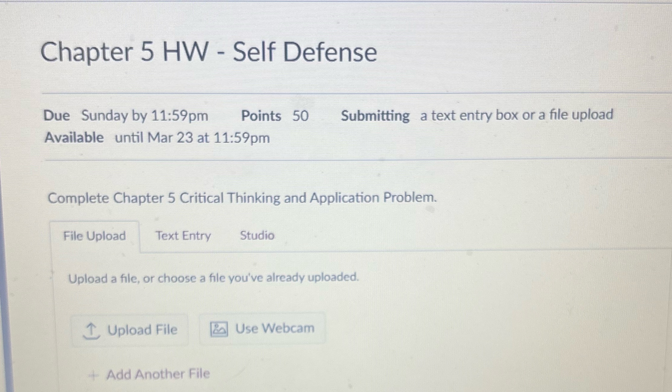 Chapter 5 HW - Self Defense Due Sunday by 11:59pm
