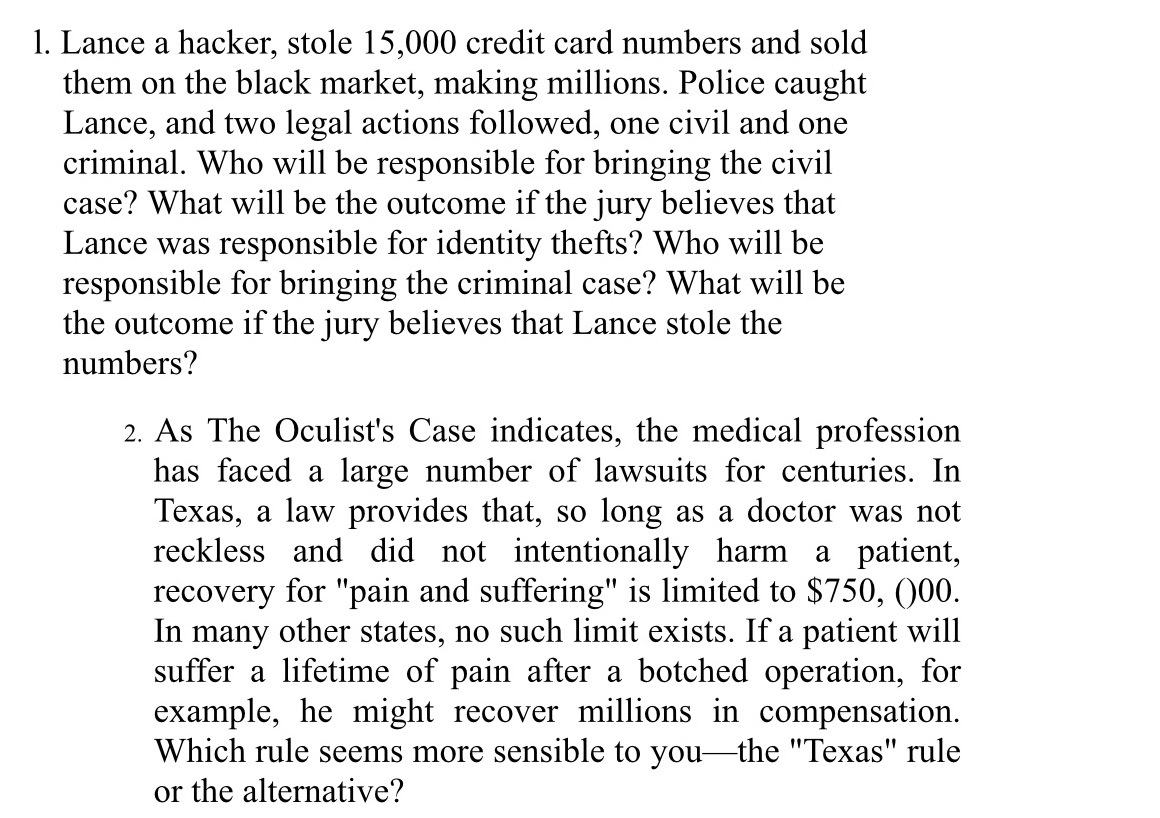 the following questions based on a business law