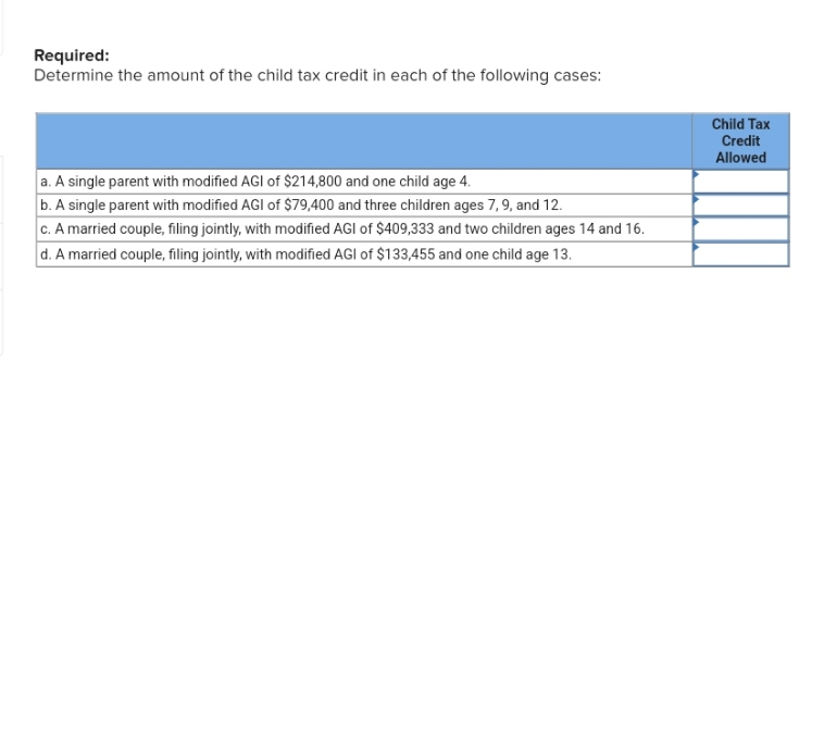 Required: Determine the amount of the child tax