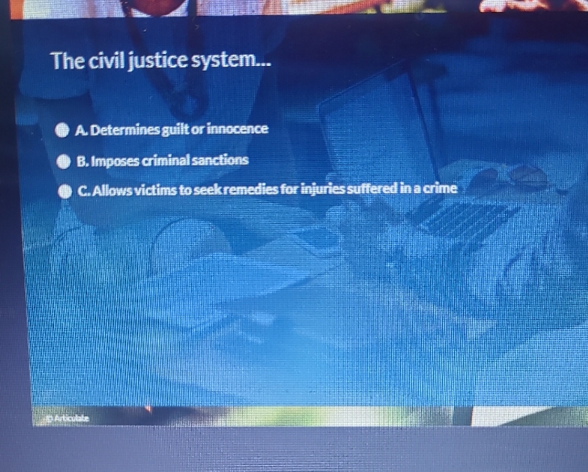 The civil justice system.. A. Determines guilt or