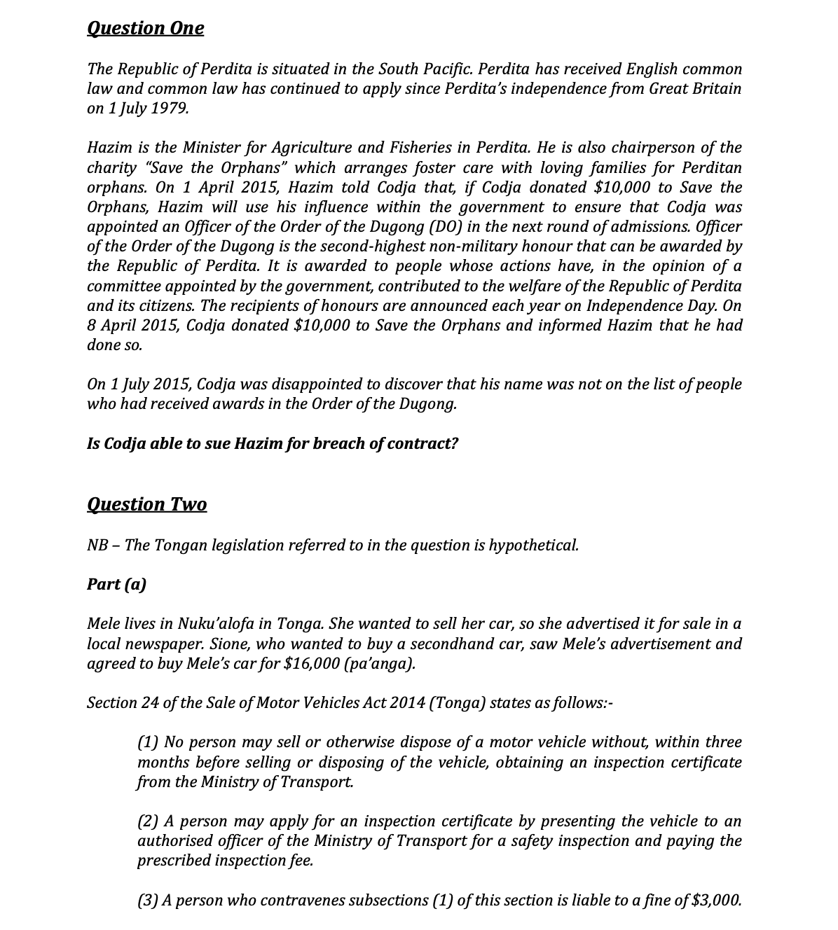 Question One The Republic of Perdita is situated