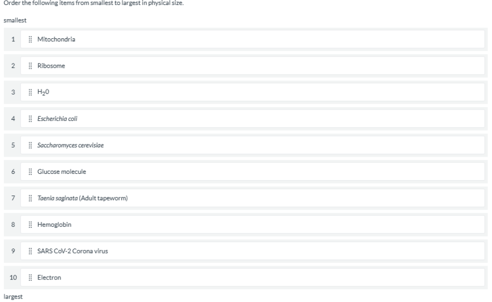 Order the following items from smallest to