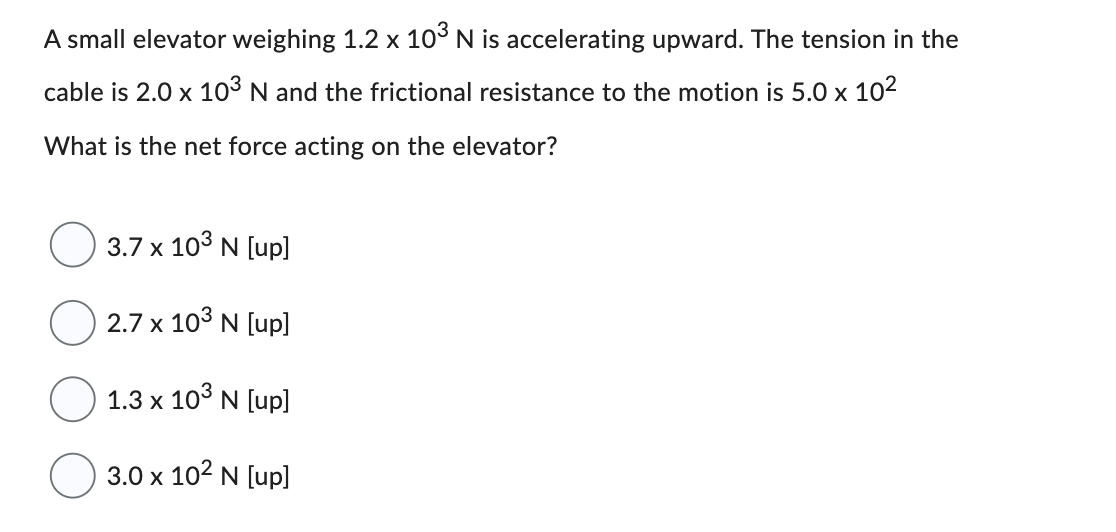 A small elevator weighing 1.2 x 10 N is