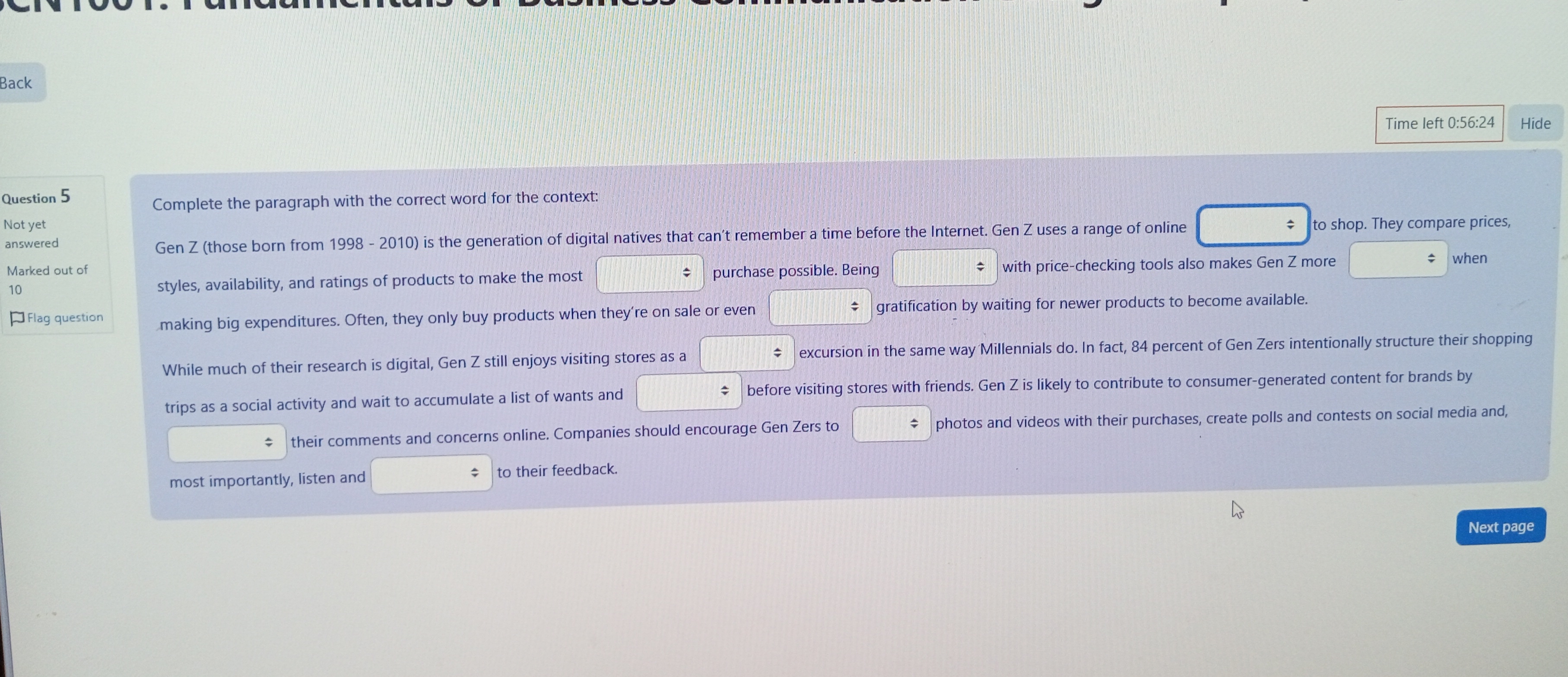 Fill in the blank space Back Time left 0:56:24