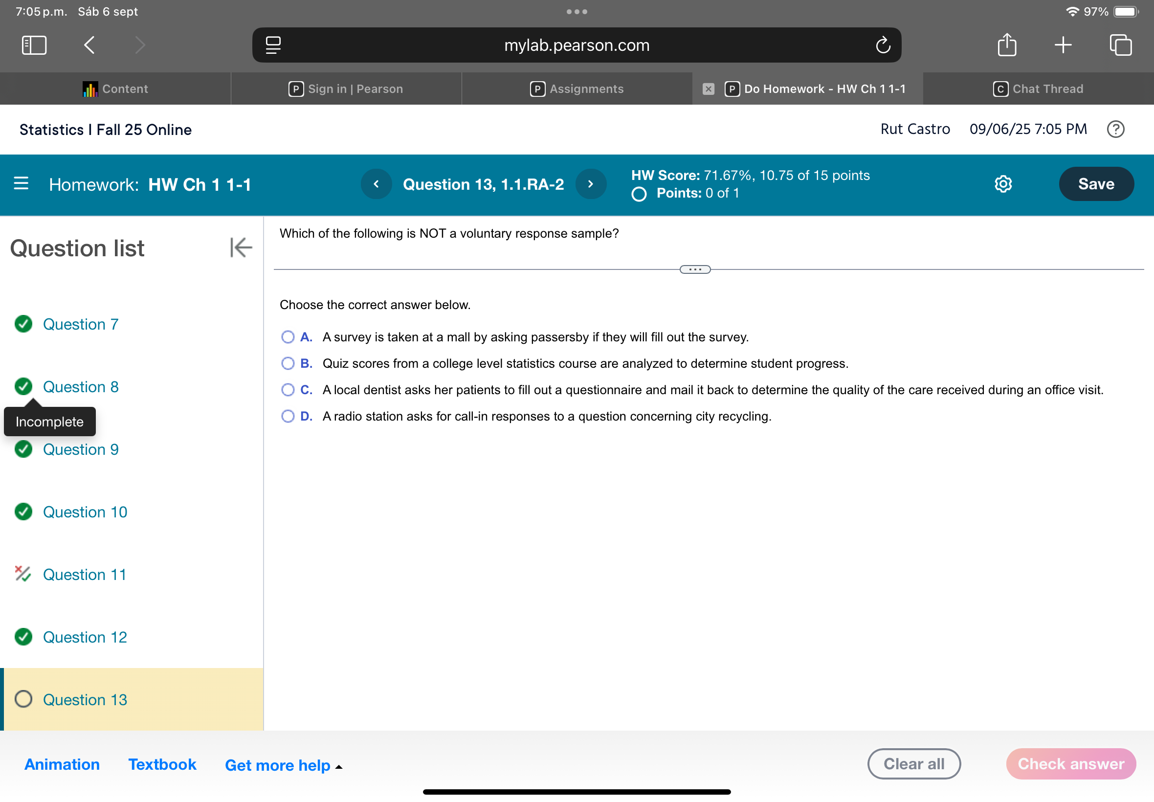 J 7:05 p.m. Sab 6 sept 97% 2 mylab.pearson.com +