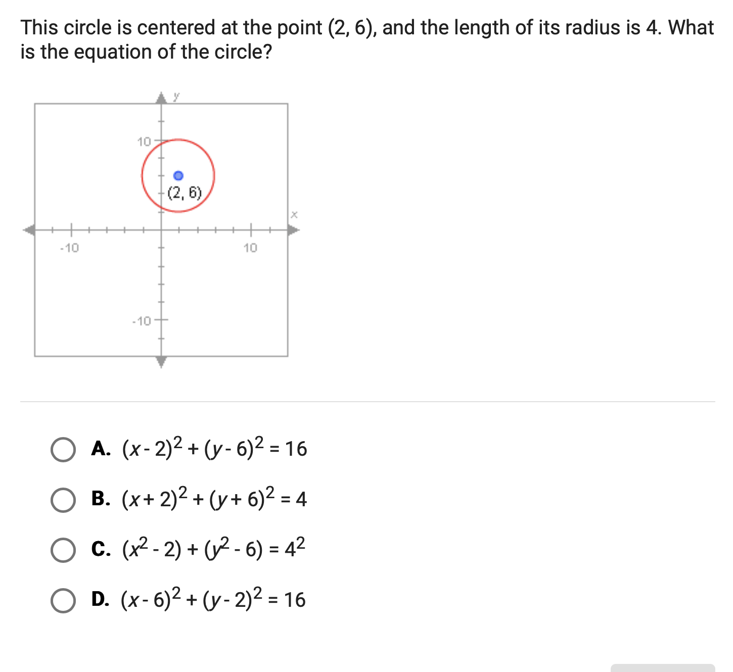 l This circle is centered at the point (2, 6),