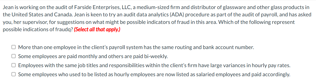 Which one(s)? Jean is working on the audit of