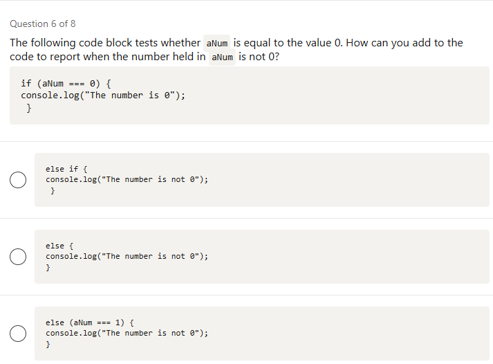 l Question 6 of & The following code block tests