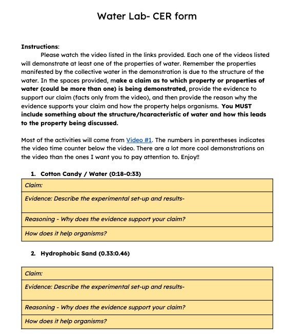 Water Lab- CER form Instructions: Please watch