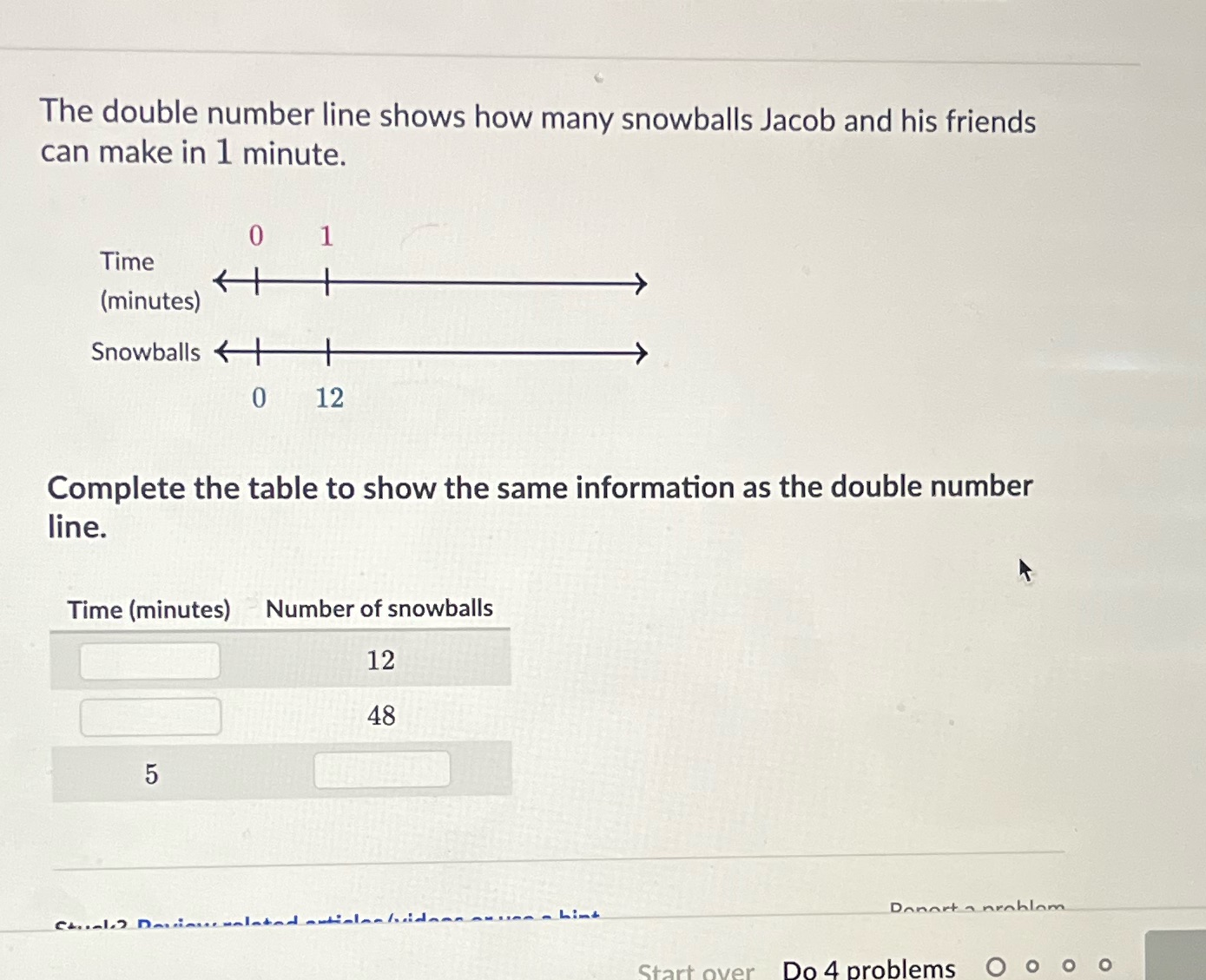 The double number line shows how many snowballs