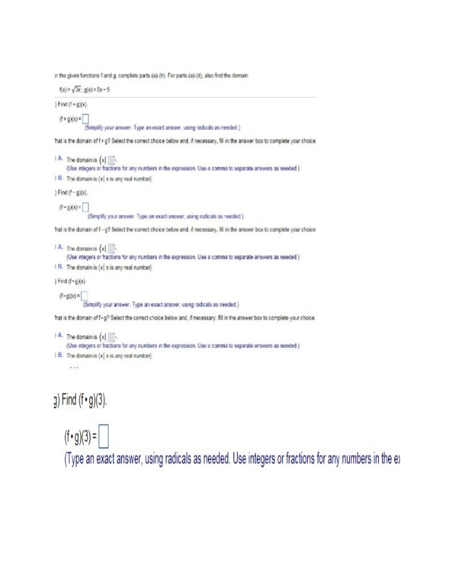 For the given functions f and g, complete parts