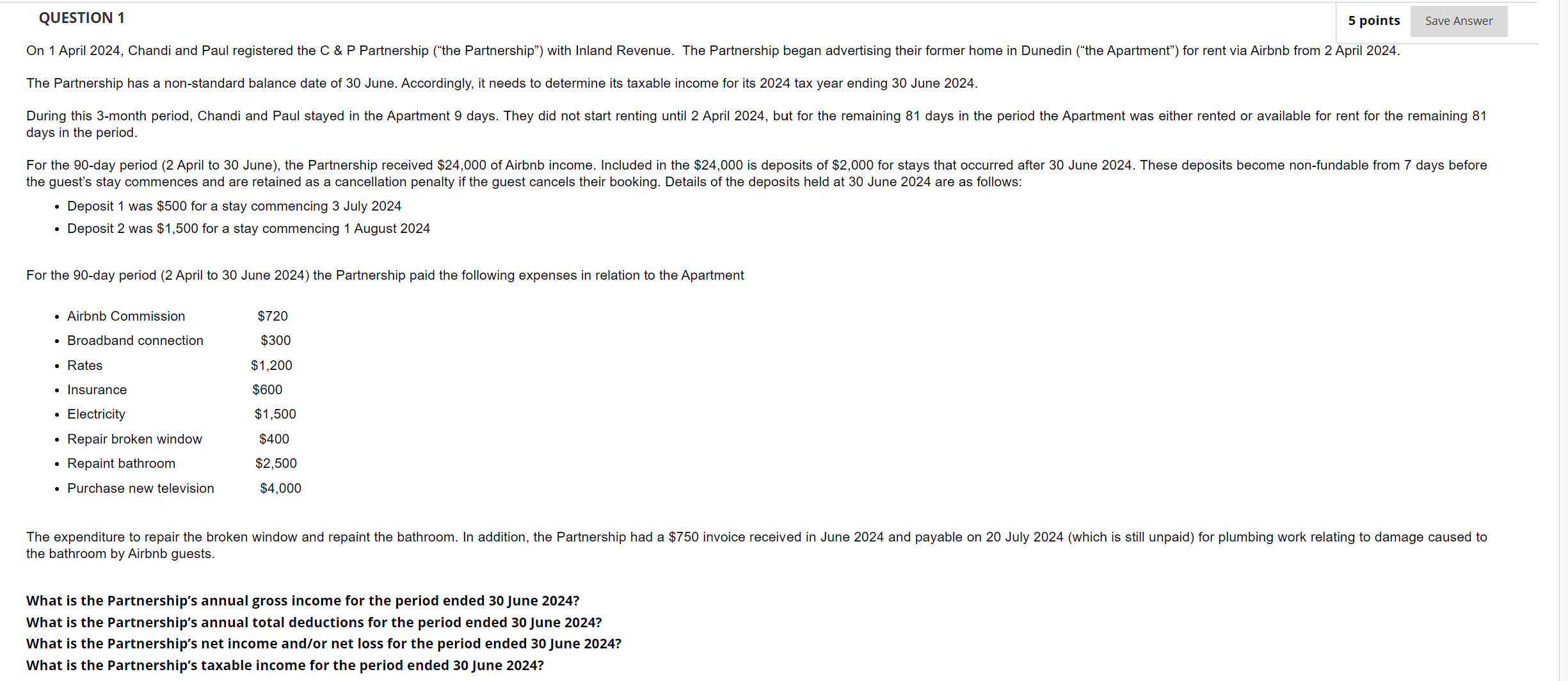 QUESTION 1 5points Save Answer On 1 April 2024,