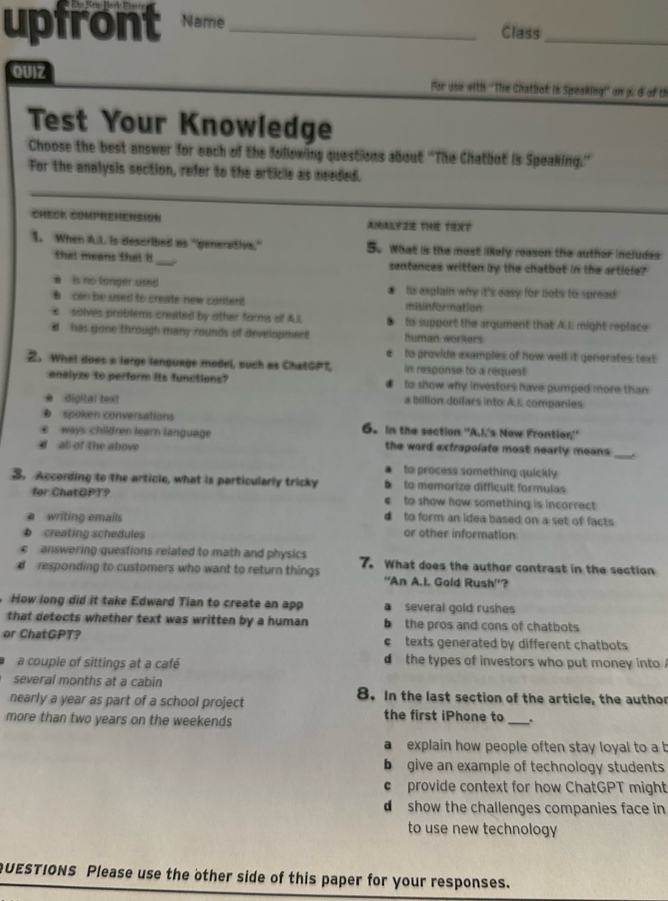 upfront Name Class QUIZ For use with "the Chathat