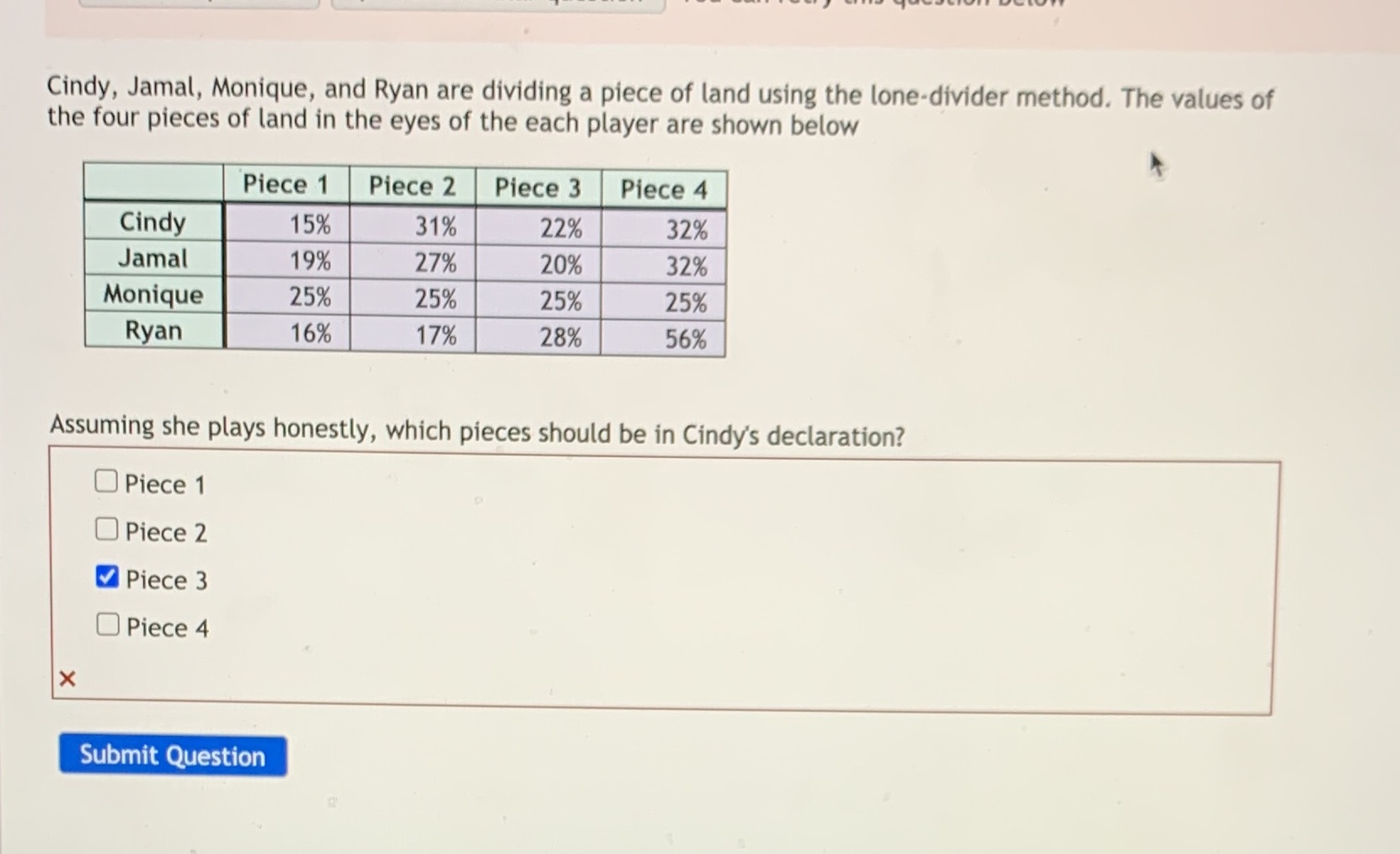 Cindy, Jamal, Monique, and Ryan are dividing a
