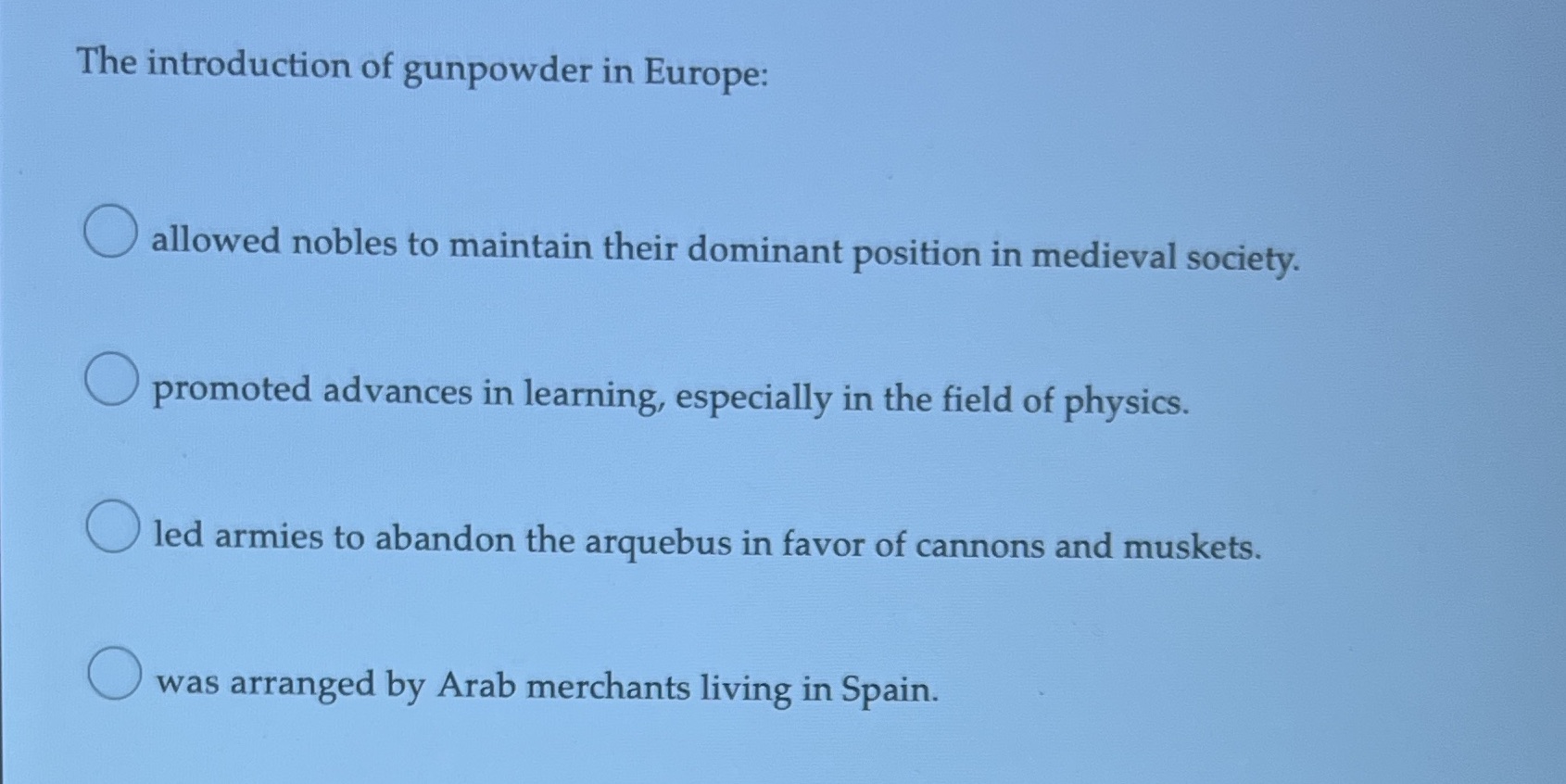 The introduction of gunpowder in Europe: O