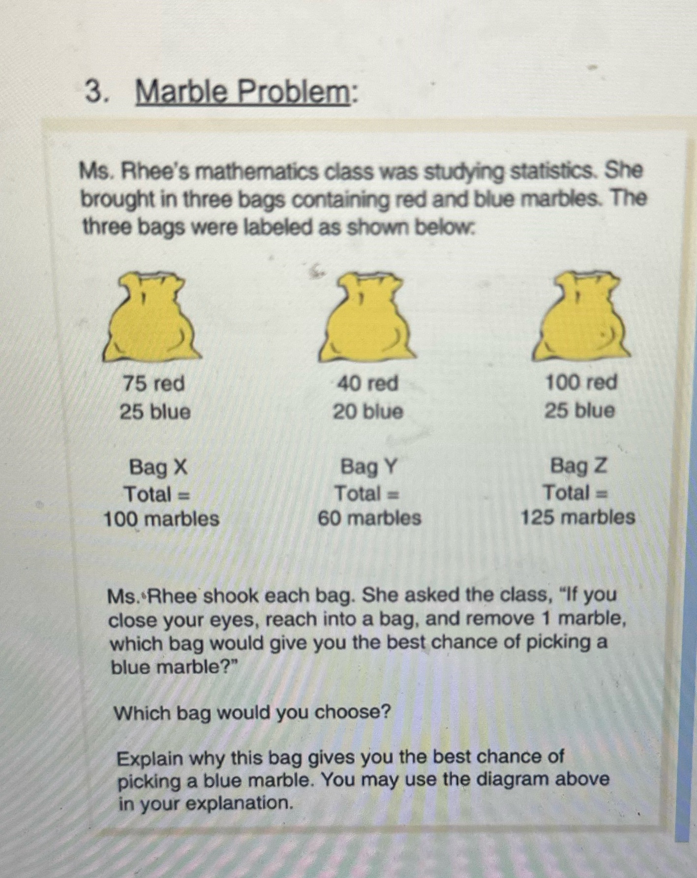 3. Marble Problem: Ms. Rhee's mathematics class