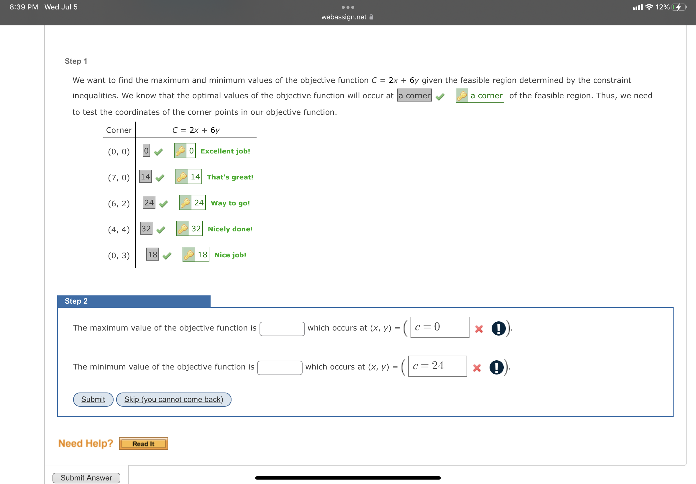 8:39 PM Wed Jul 5 . . all 12% webassign.net a
