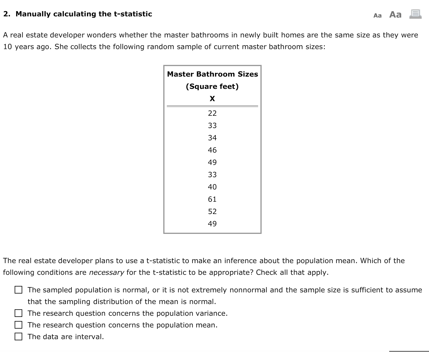 2. Manually calculating the t-statistic Aa Aa a A