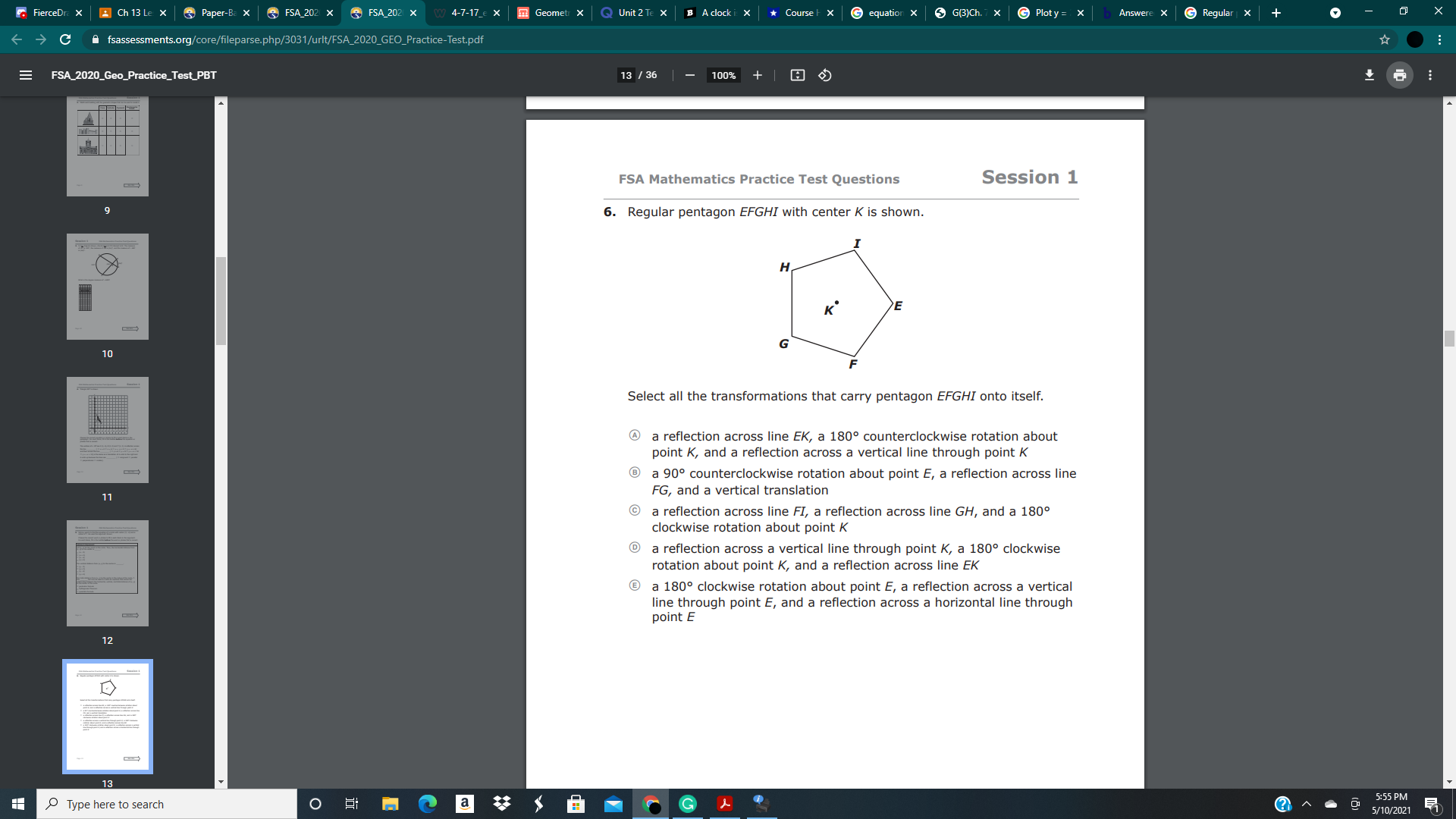 Regular pentagon EFGHI with center K is shown.