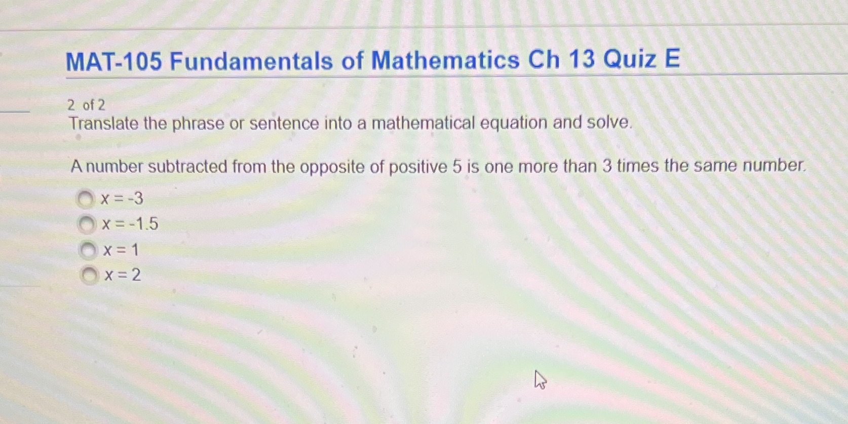 MAT-105 Fundamentals of Mathematics Ch 13 Quiz E