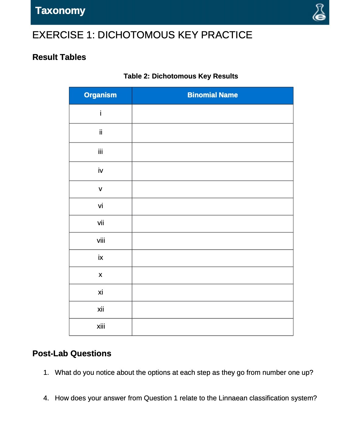 Taxonomy 21 EXERCISE 1: DICHOTOMOUS KEY PRACTICE