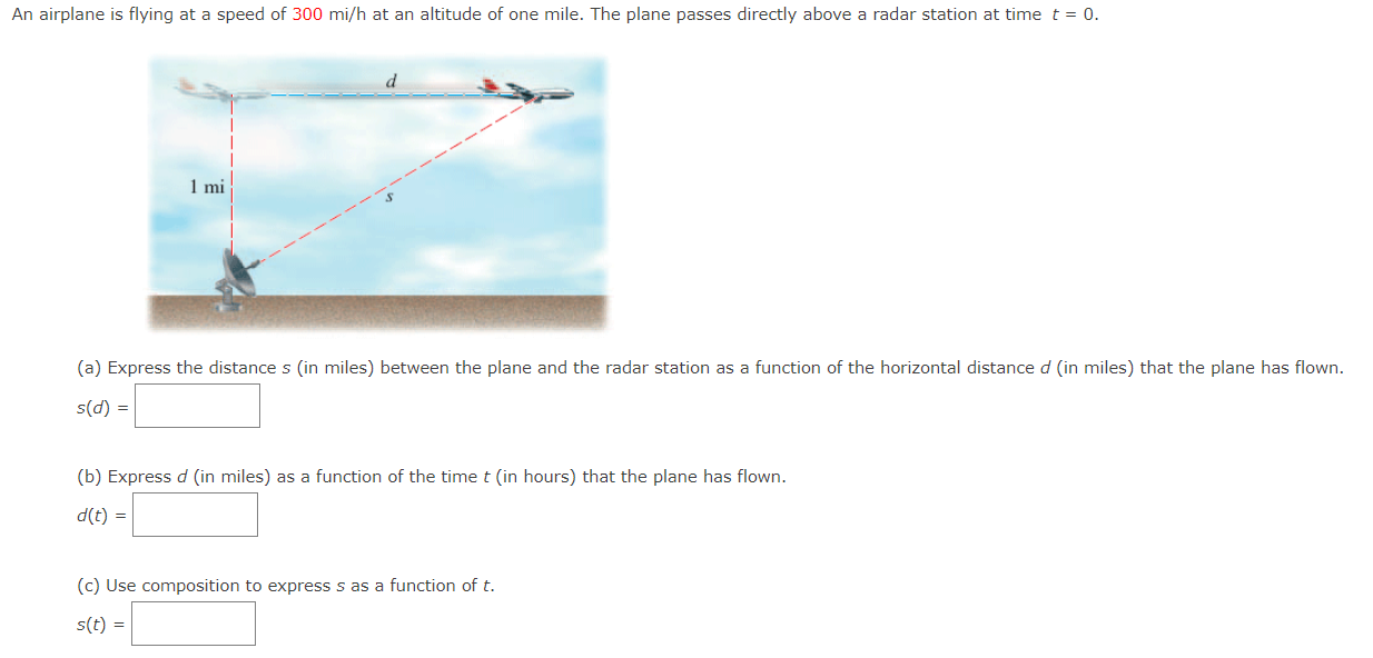 An airplane is ying at a speed of 300 mi/h at an