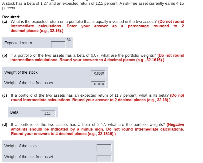 A stock has a beta of 1.27 and an expected return