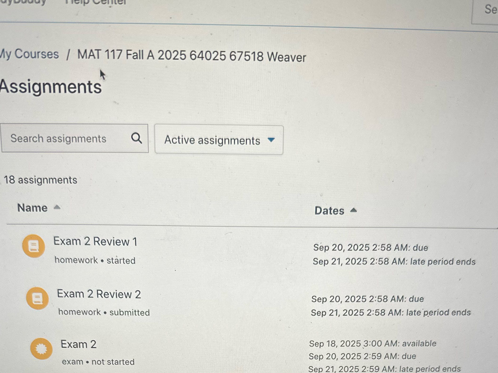 Find the test Se My Courses / MAT 117 Fall A 2025