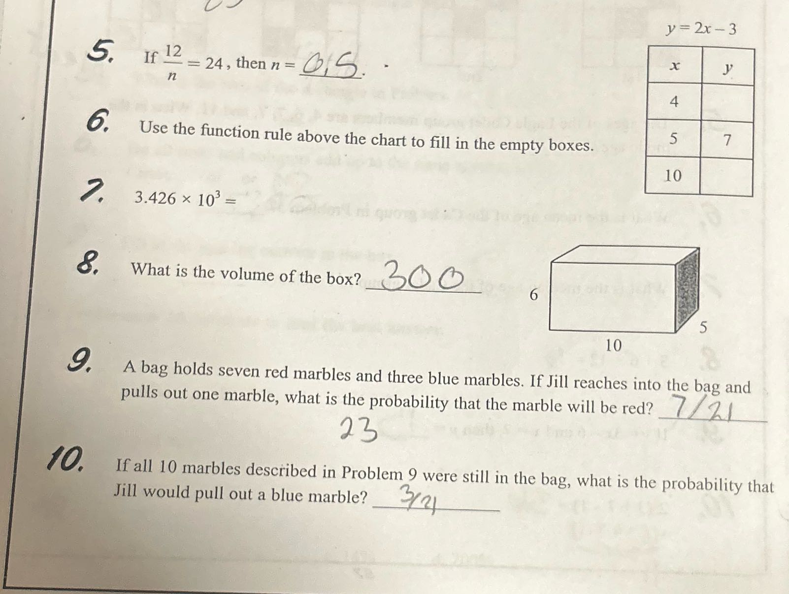 Help on 6,7,9,10 y = 2x - 3 5. If 12 = 24, then n