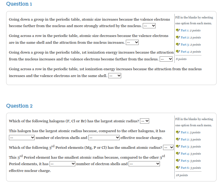 Question 1 Going down a group in the periodic