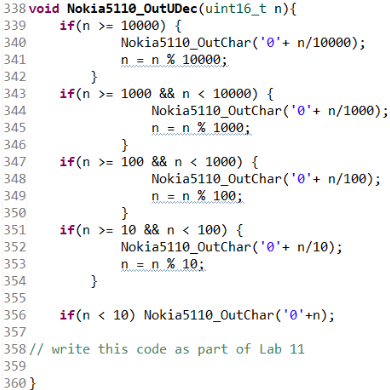 explain 338 void Nokia5110_OutUDec(uint16_t n) {