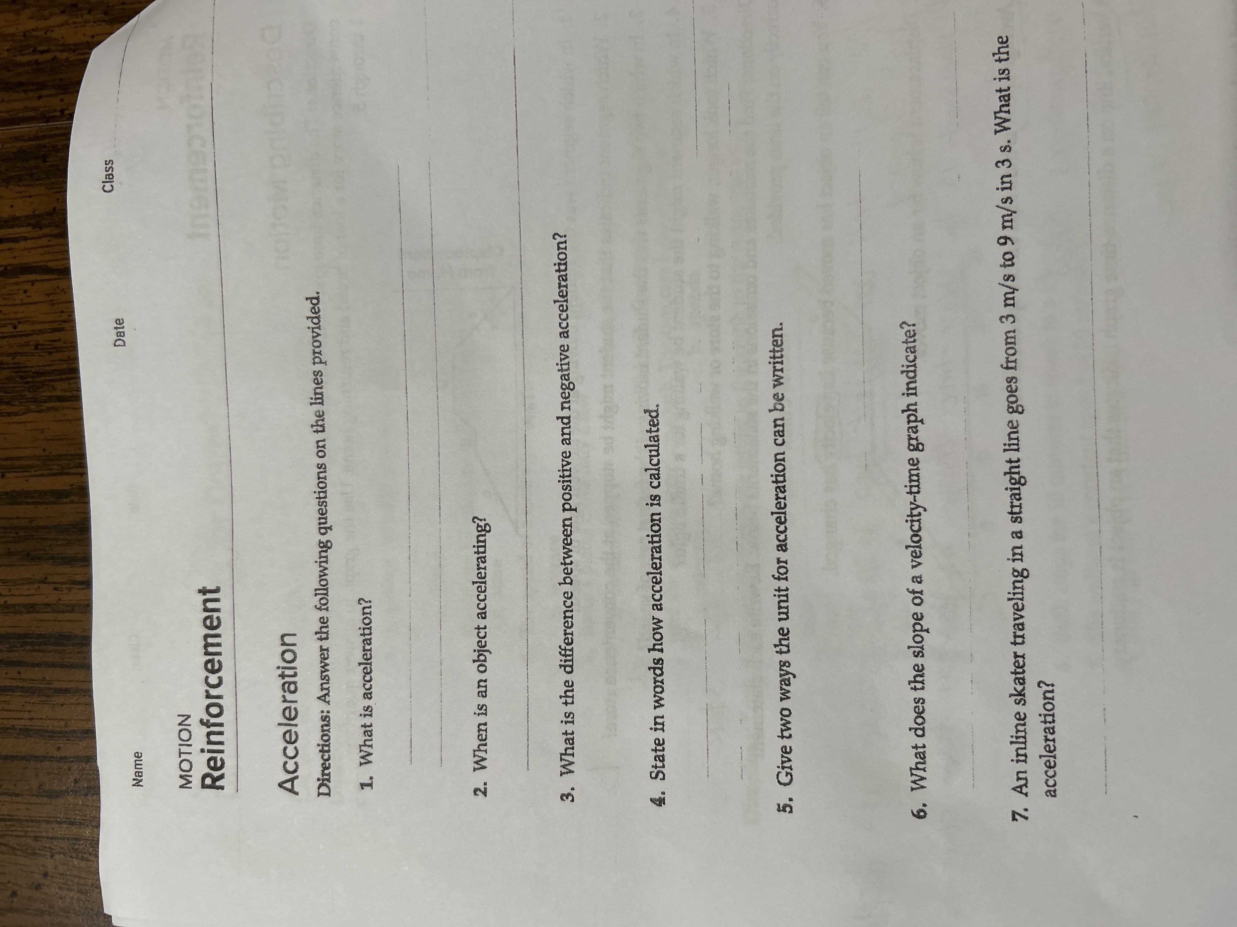 Date Class Name MOTION Reinforcement Acceleration