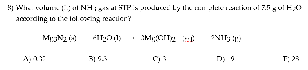 solve 8) What volume (L) of NH3 gas at STP is