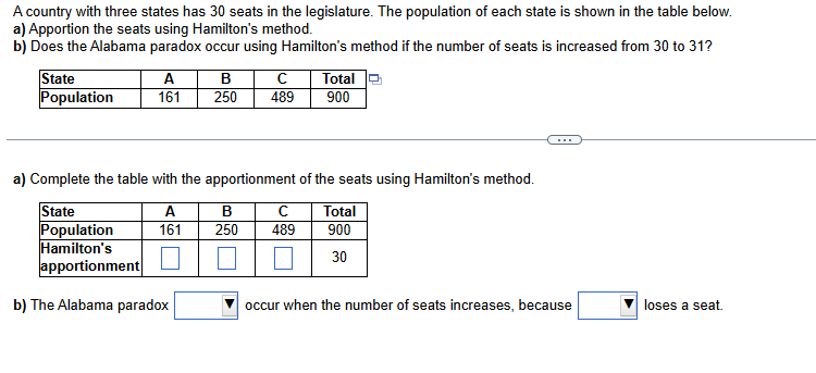 A country with three states has 30 seats in the