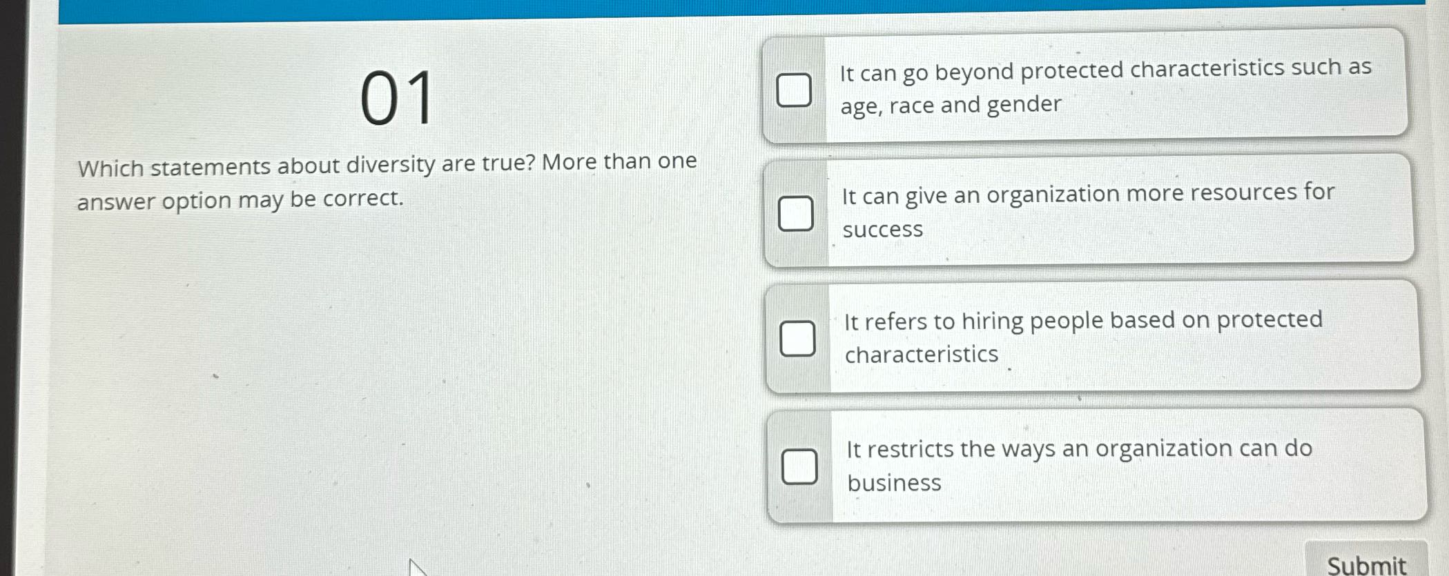 Solve 01 Which statements about diversity are