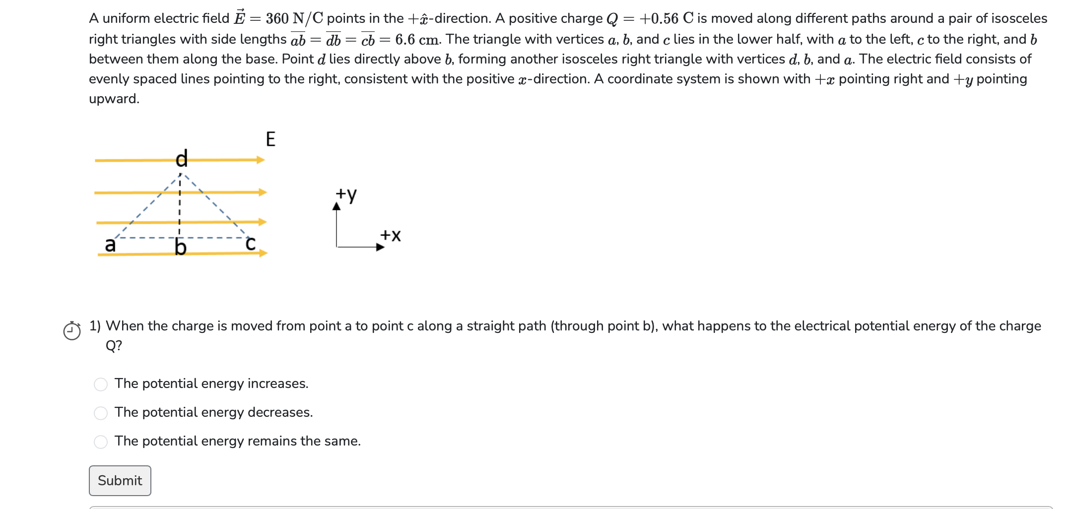 Solve A uniform electric field # = 360 N/C points