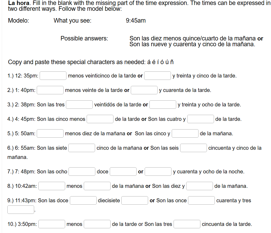 solve this La hora. Fill in the blank with the