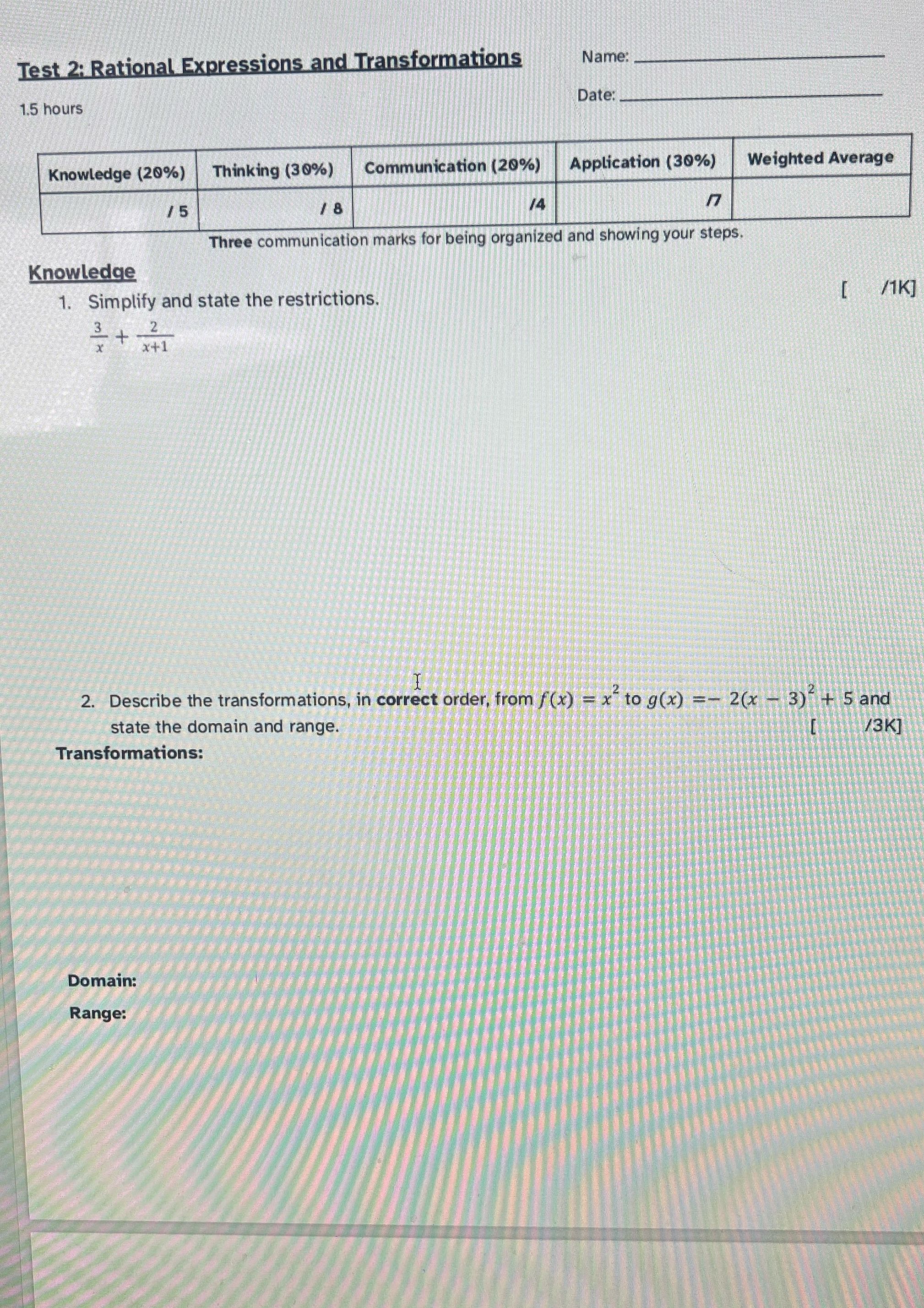 Solve Test 2: Rational Expressions and