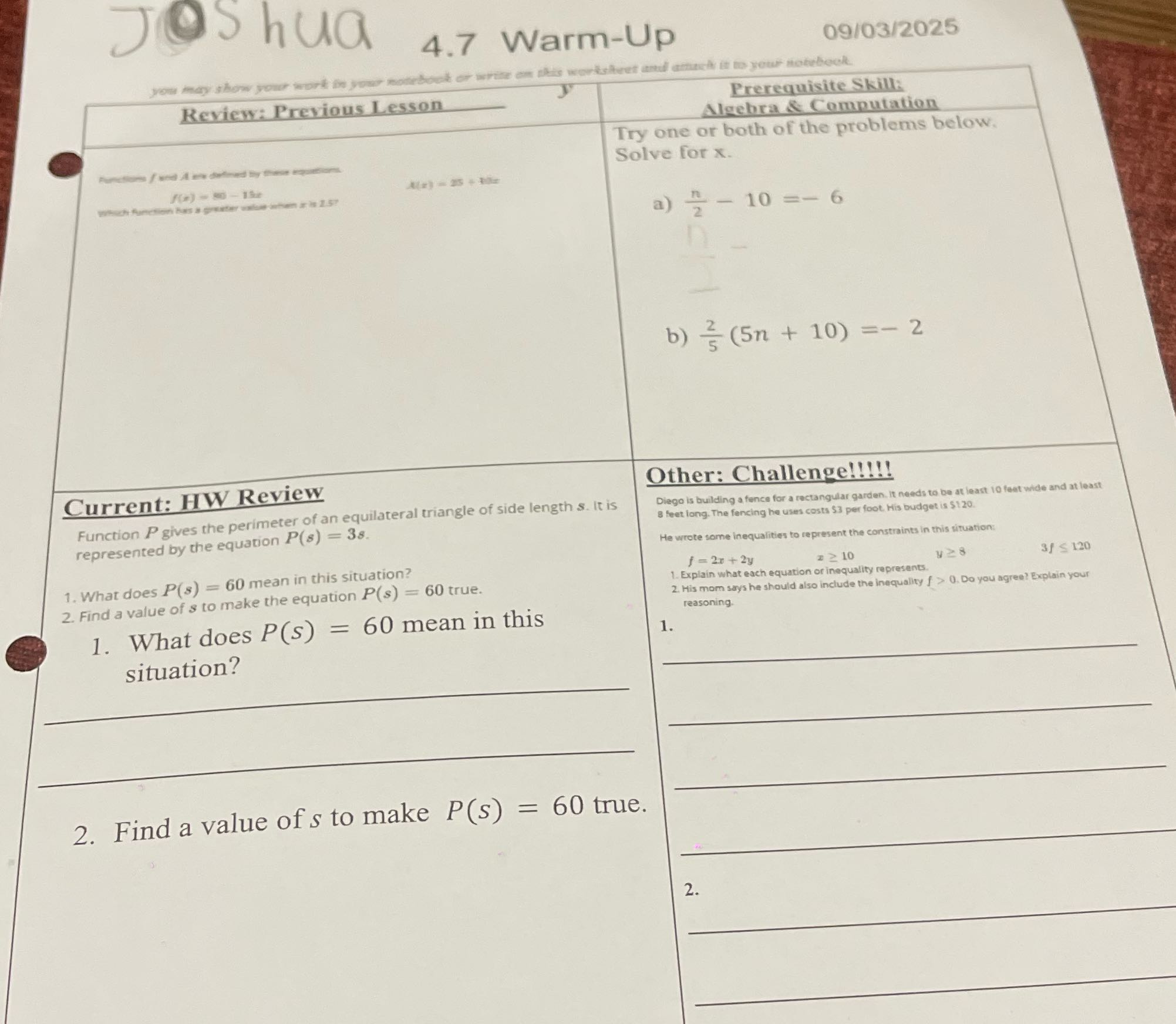 Solve Joshua 4.7 Warm-Up 09/03/2025 you may show